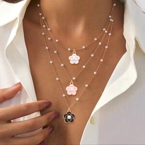 Gold and Black Camelia Flower Pendant Necklace